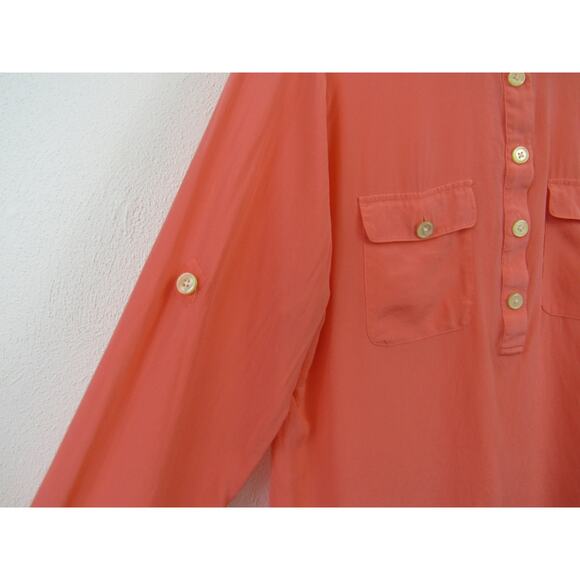 Banana Republic Silk XL 100% Silk Utility Shirt Coral Popover Roll Tab Sleeves - Picture 5 of 6
